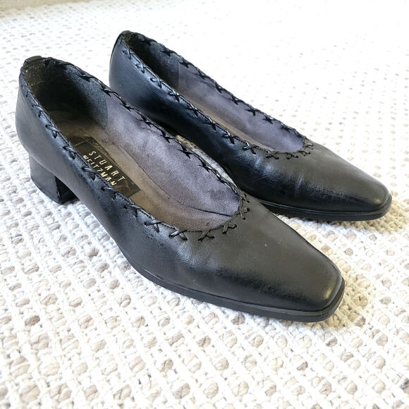 Stuart Weitzman Womens 7* Black Leather Heels Square Toe Whip Stitch Block Heel - Picture 1 of 8